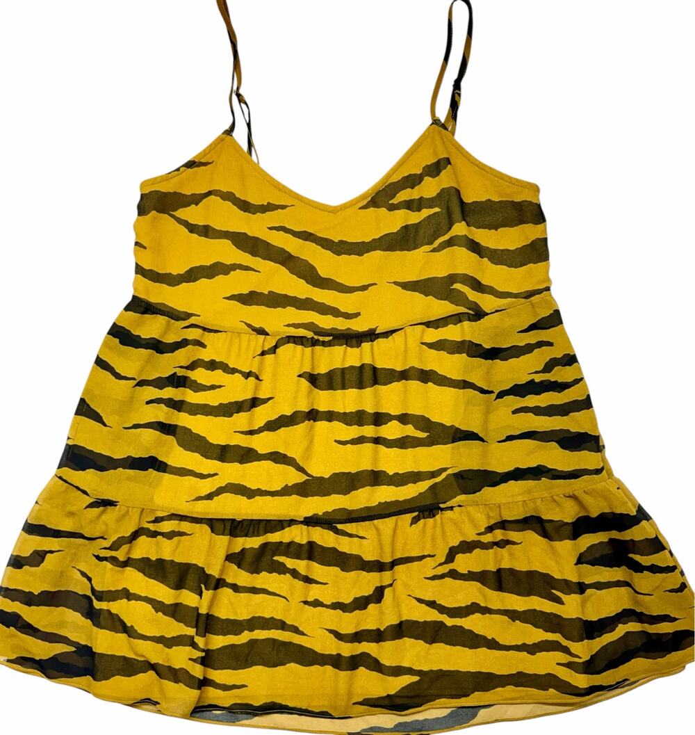 Show Me Your Mumu Dress XS Mustard Yellow Black Tiger Print Tiered Mini Cami